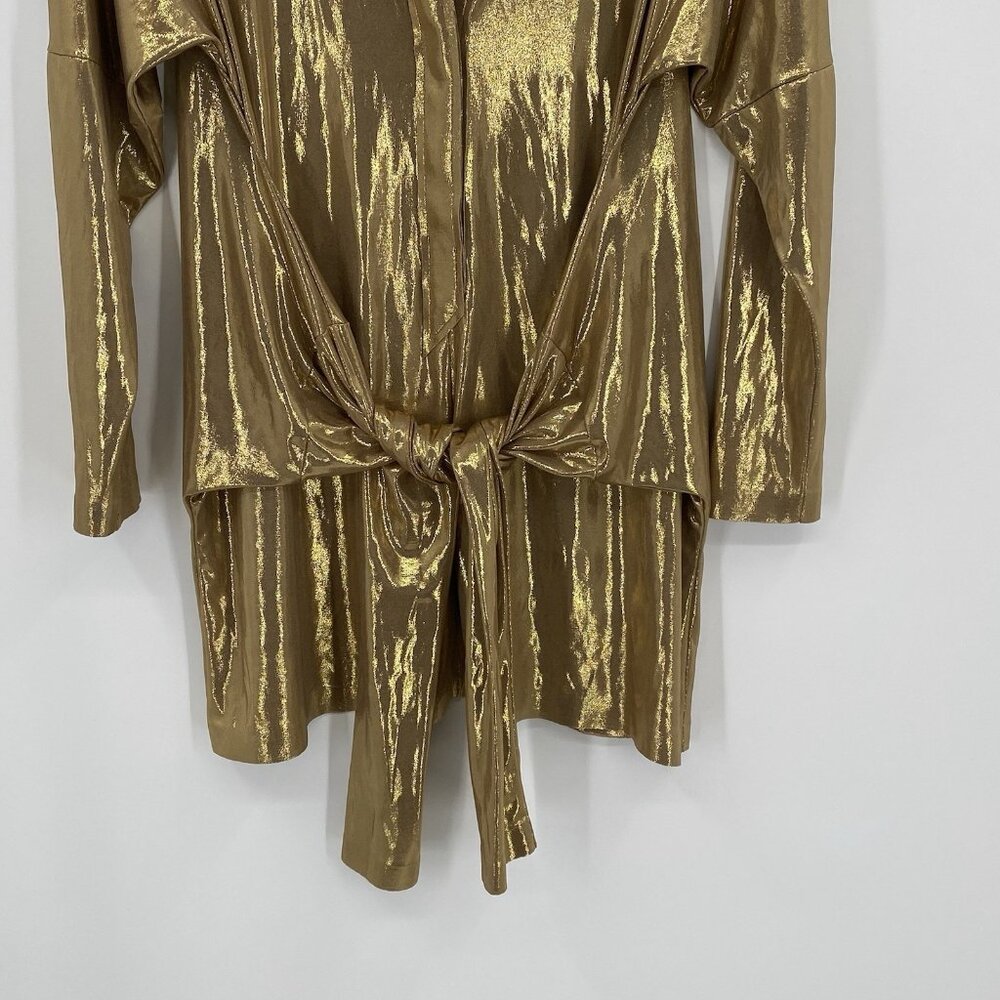 Norma Kamali Metallic Gold Long Sleeve Tie-Front Dress - Picture 9 of 13